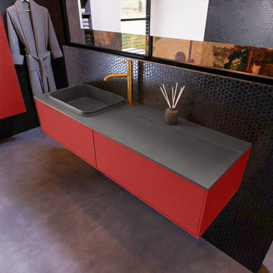 MONDIAZ ERIN 150cm mueble de baño color Fire 2 cajones. Lavabo RIDGE Izquierda 1 orificio color Dark Grey.