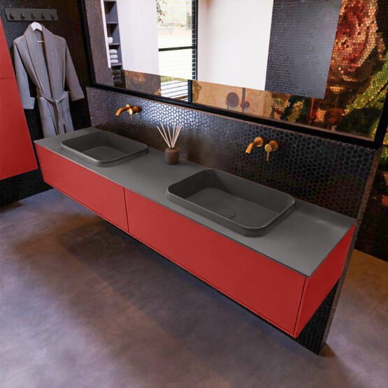 MONDIAZ ERIN 200cm mueble de baño color Fire 2 cajones. Lavabo RIDGE Doble sin orificio color Dark Grey.