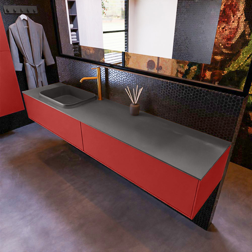 MONDIAZ ERIN 200cm mueble de baño color Fire 2 cajones. Lavabo RIDGE Izquierda 1 orificio color Dark Grey. 1 MONDIAZ ERIN 200cm mueble de baño color Fire 2 cajones. Lavabo RIDGE Izquierda 1 orificio color Dark Grey.