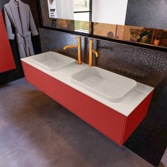 MONDIAZ ERIN 150cm mueble de baño color Fire 1 cajón. Lavabo RIDGE Doble 2 orificios color Linen.