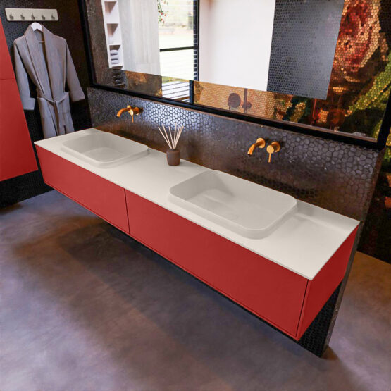 MONDIAZ ERIN 200cm mueble de baño color Fire 2 cajones. Lavabo RIDGE Doble sin orificio color Linen.