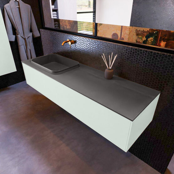 MONDIAZ ERIN 150cm mueble de baño color Greey 1 cajón. Lavabo RIDGE Izquierda sin orificio color Dark Grey.