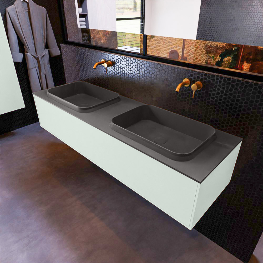 MONDIAZ ERIN 150cm mueble de baño color Greey 1 cajón. Lavabo RIDGE Doble sin orificio color Dark Grey. 1 MONDIAZ ERIN 150cm mueble de baño color Greey 1 cajón. Lavabo RIDGE Doble sin orificio color Dark Grey.