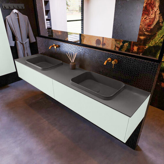 MONDIAZ ERIN 200cm mueble de baño color Greey 2 cajones. Lavabo RIDGE Doble sin orificio color Dark Grey.