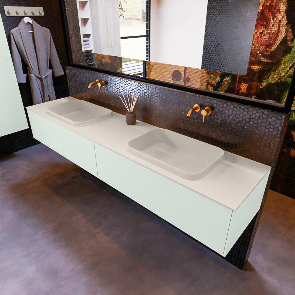 MONDIAZ ERIN 200cm mueble de baño color Greey 2 cajones. Lavabo RIDGE Doble sin orificio color Linen. 1 MONDIAZ ERIN 200cm mueble de baño color Greey 2 cajones. Lavabo RIDGE Doble sin orificio color Linen.