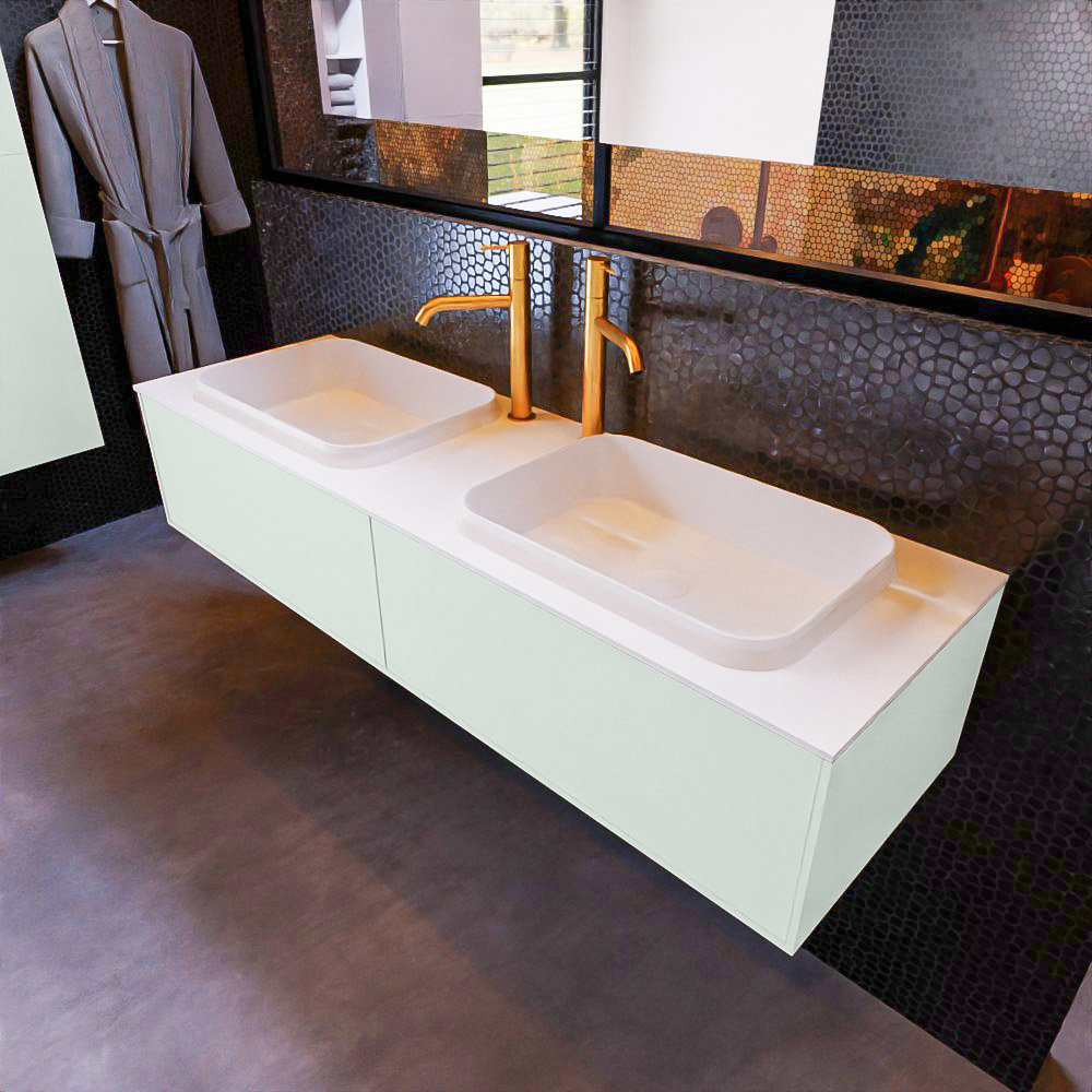 MONDIAZ ERIN 150cm mueble de baño color Greey 2 cajones. Lavabo RIDGE Doble 2 orificios color Talc. 1 MONDIAZ ERIN 150cm mueble de baño color Greey 2 cajones. Lavabo RIDGE Doble 2 orificios color Talc.