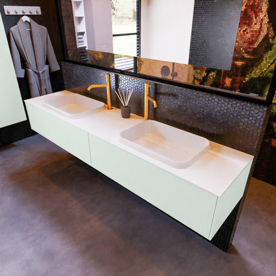 MONDIAZ ERIN 200cm mueble de baño color Greey 2 cajones. Lavabo RIDGE Doble 2 orificios color Talc.