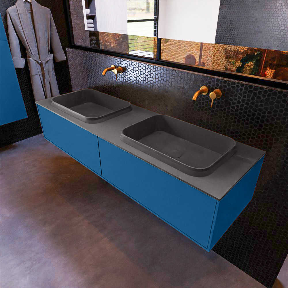MONDIAZ ERIN 150cm mueble de baño color Jeans 2 cajones. Lavabo RIDGE Doble sin orificio color Dark Grey. 1 MONDIAZ ERIN 150cm mueble de baño color Jeans 2 cajones. Lavabo RIDGE Doble sin orificio color Dark Grey.