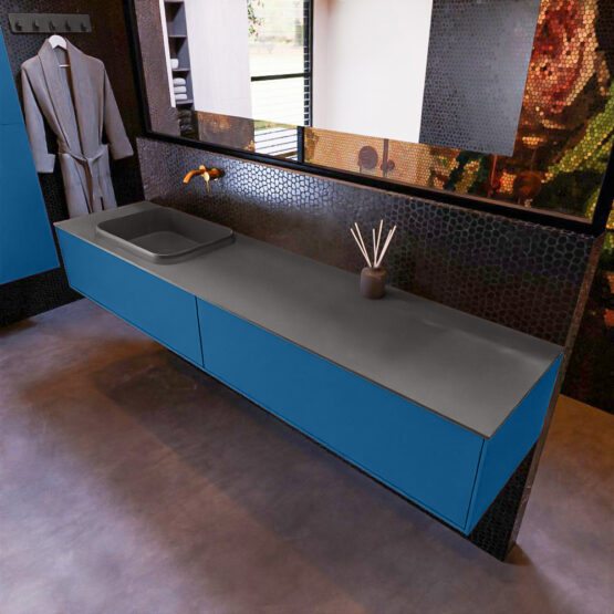 MONDIAZ ERIN 200cm mueble de baño color Jeans 2 cajones. Lavabo RIDGE Izquierda sin orificio color Dark Grey.