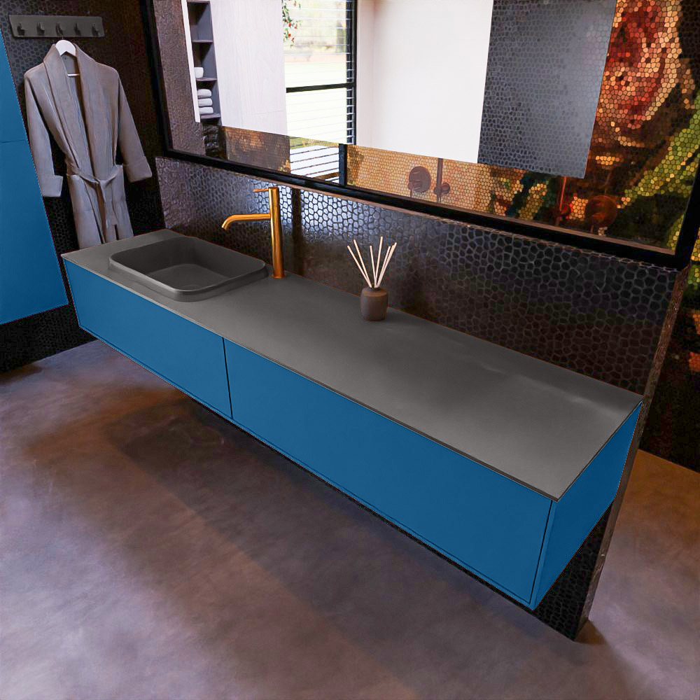 MONDIAZ ERIN 200cm mueble de baño color Jeans 2 cajones. Lavabo RIDGE Izquierda 1 orificio color Dark Grey. 1 MONDIAZ ERIN 200cm mueble de baño color Jeans 2 cajones. Lavabo RIDGE Izquierda 1 orificio color Dark Grey.