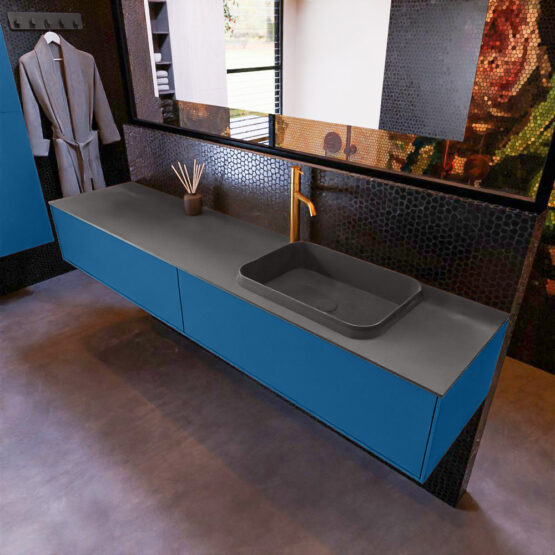 MONDIAZ ERIN 200cm mueble de baño color Jeans 2 cajones. Lavabo RIDGE Derecho 1 orificio color Dark Grey.