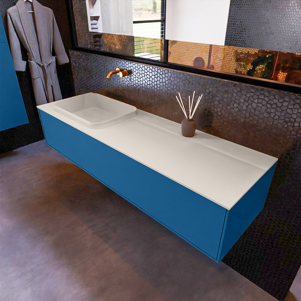 MONDIAZ ERIN 150cm mueble de baño color Jeans 1 cajón. Lavabo RIDGE Izquierda sin orificio color Linen. 1 MONDIAZ ERIN 150cm mueble de baño color Jeans 1 cajón. Lavabo RIDGE Izquierda sin orificio color Linen.