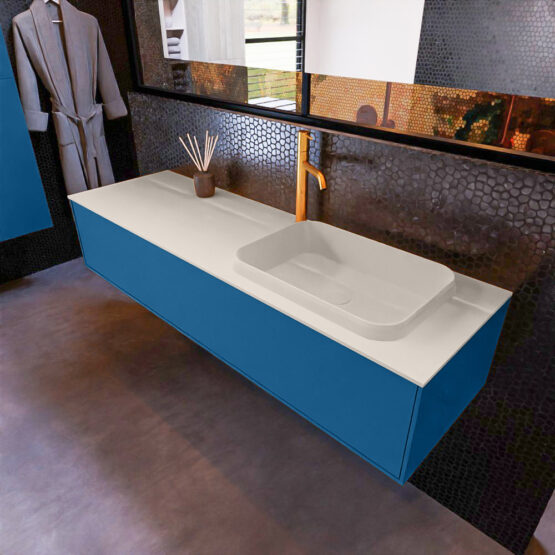 MONDIAZ ERIN 150cm mueble de baño color Jeans 1 cajón. Lavabo RIDGE Derecho 1 orificio color Linen.
