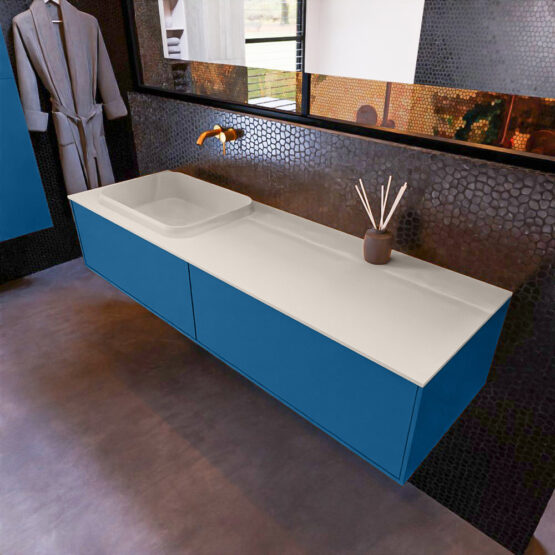 MONDIAZ ERIN 150cm mueble de baño color Jeans 2 cajones. Lavabo RIDGE Izquierda sin orificio color Linen.