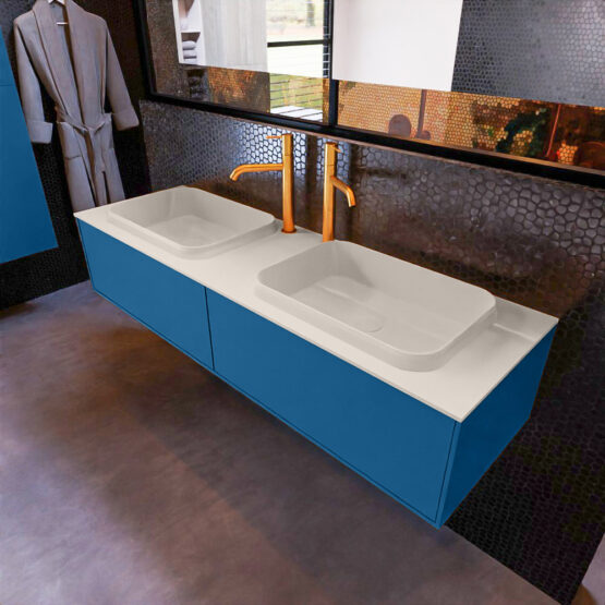 MONDIAZ ERIN 150cm mueble de baño color Jeans 2 cajones. Lavabo RIDGE Doble 2 orificios color Linen.