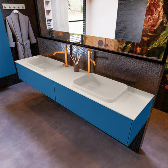 MONDIAZ ERIN 200cm mueble de baño color Jeans 2 cajones. Lavabo RIDGE Doble 2 orificios color Linen.
