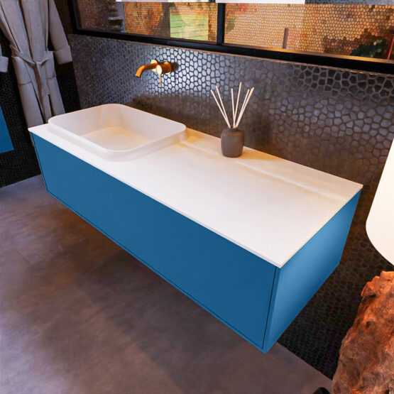 MONDIAZ ERIN 120cm mueble de baño color Jeans 1 cajón. Lavabo RIDGE Izquierda sin orificio color Talc.