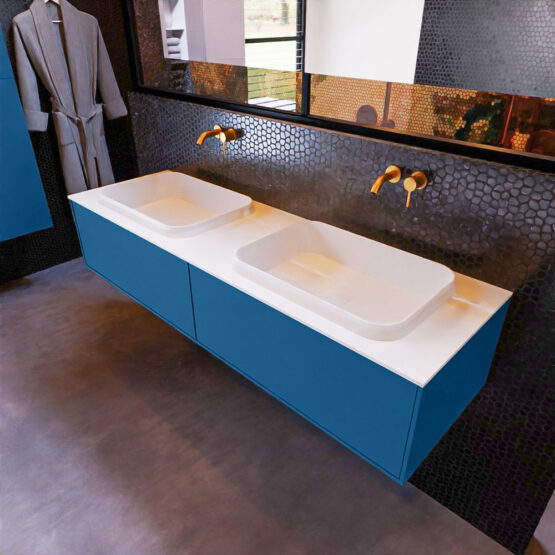 MONDIAZ ERIN 150cm mueble de baño color Jeans 2 cajones. Lavabo RIDGE Doble sin orificio color Talc.