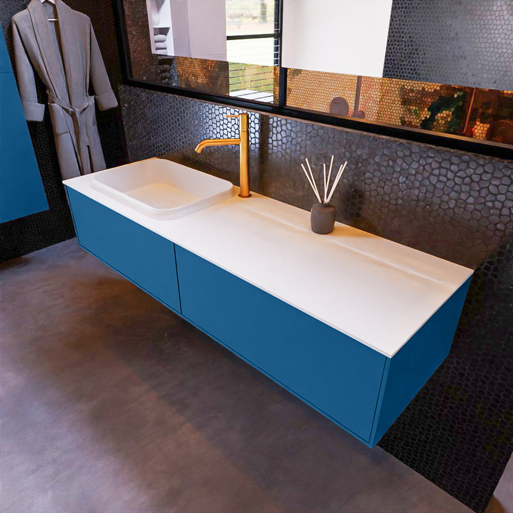MONDIAZ ERIN 150cm mueble de baño color Jeans 2 cajones. Lavabo RIDGE Izquierda 1 orificio color Talc. 1 MONDIAZ ERIN 150cm mueble de baño color Jeans 2 cajones. Lavabo RIDGE Izquierda 1 orificio color Talc.