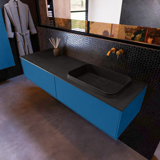 MONDIAZ ERIN 150cm mueble de baño color Jeans 2 cajones. Lavabo RIDGE Derecho sin orificio color Urban.