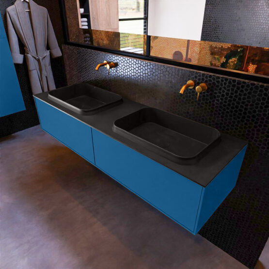 MONDIAZ ERIN 150cm mueble de baño color Jeans 2 cajones. Lavabo RIDGE Doble sin orificio color Urban.