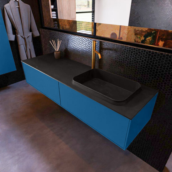 MONDIAZ ERIN 150cm mueble de baño color Jeans 2 cajones. Lavabo RIDGE Derecho 1 orificio color Urban.