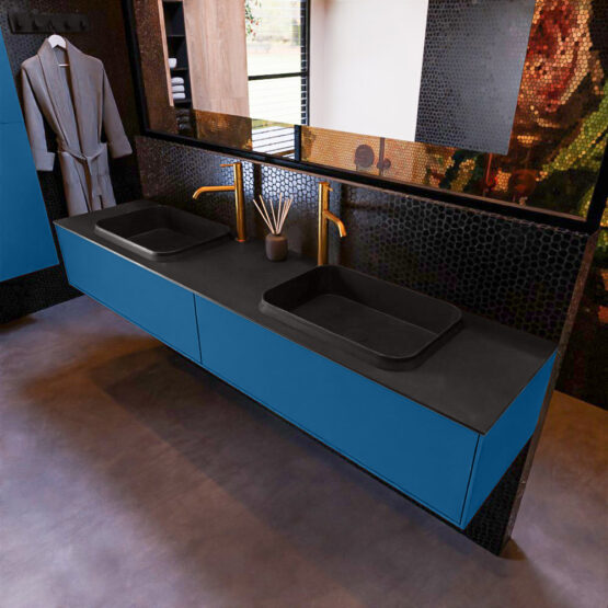 MONDIAZ ERIN 200cm mueble de baño color Jeans 2 cajones. Lavabo RIDGE Doble 2 orificios color Urban.