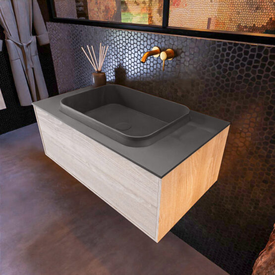 MONDIAZ ERIN 80cm mueble de baño color Light Brown Grey 1 cajón. Lavabo RIDGE Centro sin orificio color Dark Grey.