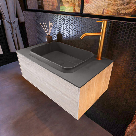 MONDIAZ ERIN 80cm mueble de baño color Light Brown Grey 1 cajón. Lavabo RIDGE Centro 1 orificio color Dark Grey.
