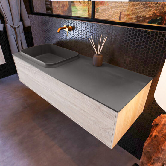 MONDIAZ ERIN 120cm mueble de baño color Light Brown Grey 1 cajón. Lavabo RIDGE Izquierda sin orificio color Dark Grey.