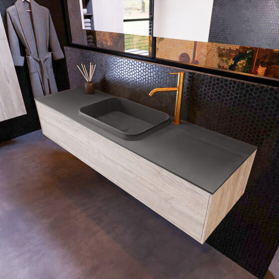 MONDIAZ ERIN 150cm mueble de baño color Light Brown Grey 1 cajón. Lavabo RIDGE Centro 1 orificio color Dark Grey.