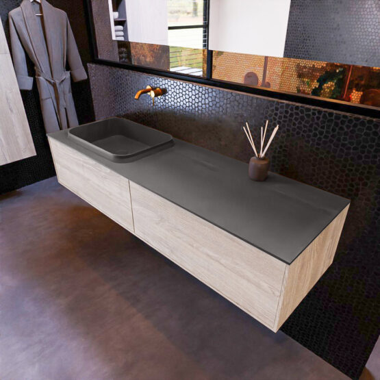 MONDIAZ ERIN 150cm mueble de baño color Light Brown Grey 2 cajones. Lavabo RIDGE Izquierda sin orificio color Dark Grey.