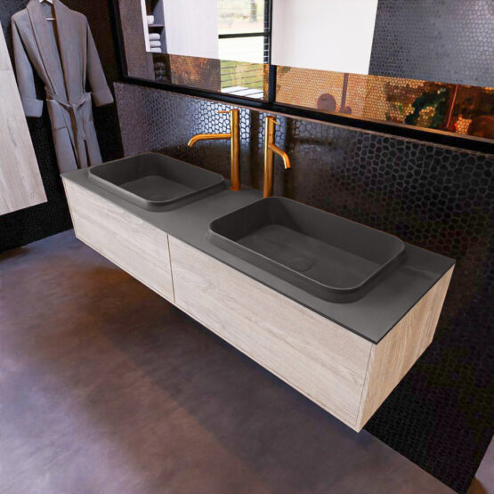 MONDIAZ ERIN 150cm mueble de baño color Light Brown Grey 2 cajones. Lavabo RIDGE Doble 2 orificios color Dark Grey.