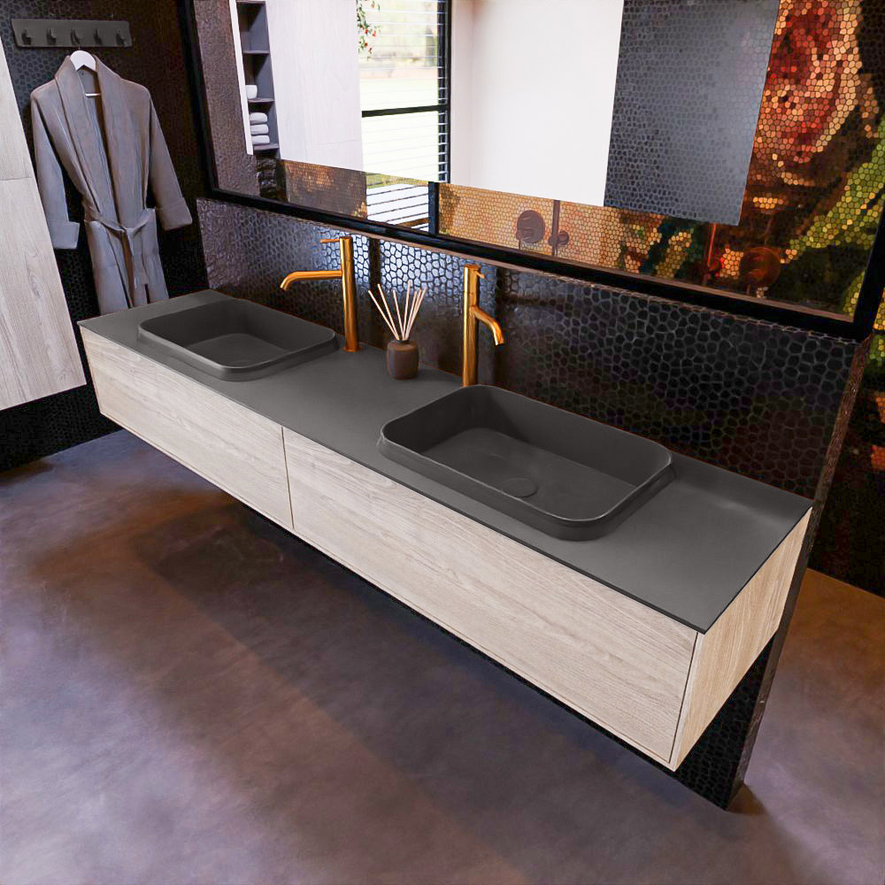 MONDIAZ ERIN 200cm mueble de baño color Light Brown Grey 2 cajones. Lavabo RIDGE Doble 2 orificios color Dark Grey. 1 MONDIAZ ERIN 200cm mueble de baño color Light Brown Grey 2 cajones. Lavabo RIDGE Doble 2 orificios color Dark Grey.