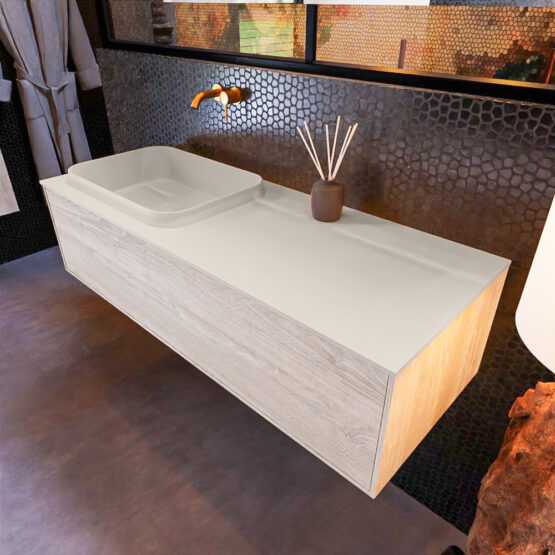 MONDIAZ ERIN 120cm mueble de baño color Light Brown Grey 1 cajón. Lavabo RIDGE Izquierda sin orificio color Linen.