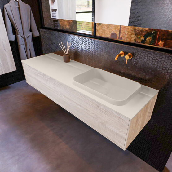 MONDIAZ ERIN 150cm mueble de baño color Light Brown Grey 1 cajón. Lavabo RIDGE Derecho sin orificio color Linen.