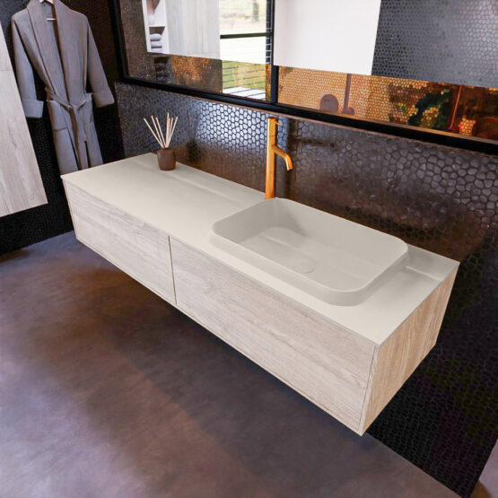 MONDIAZ ERIN 150cm mueble de baño color Light Brown Grey 2 cajones. Lavabo RIDGE Derecho 1 orificio color Linen.