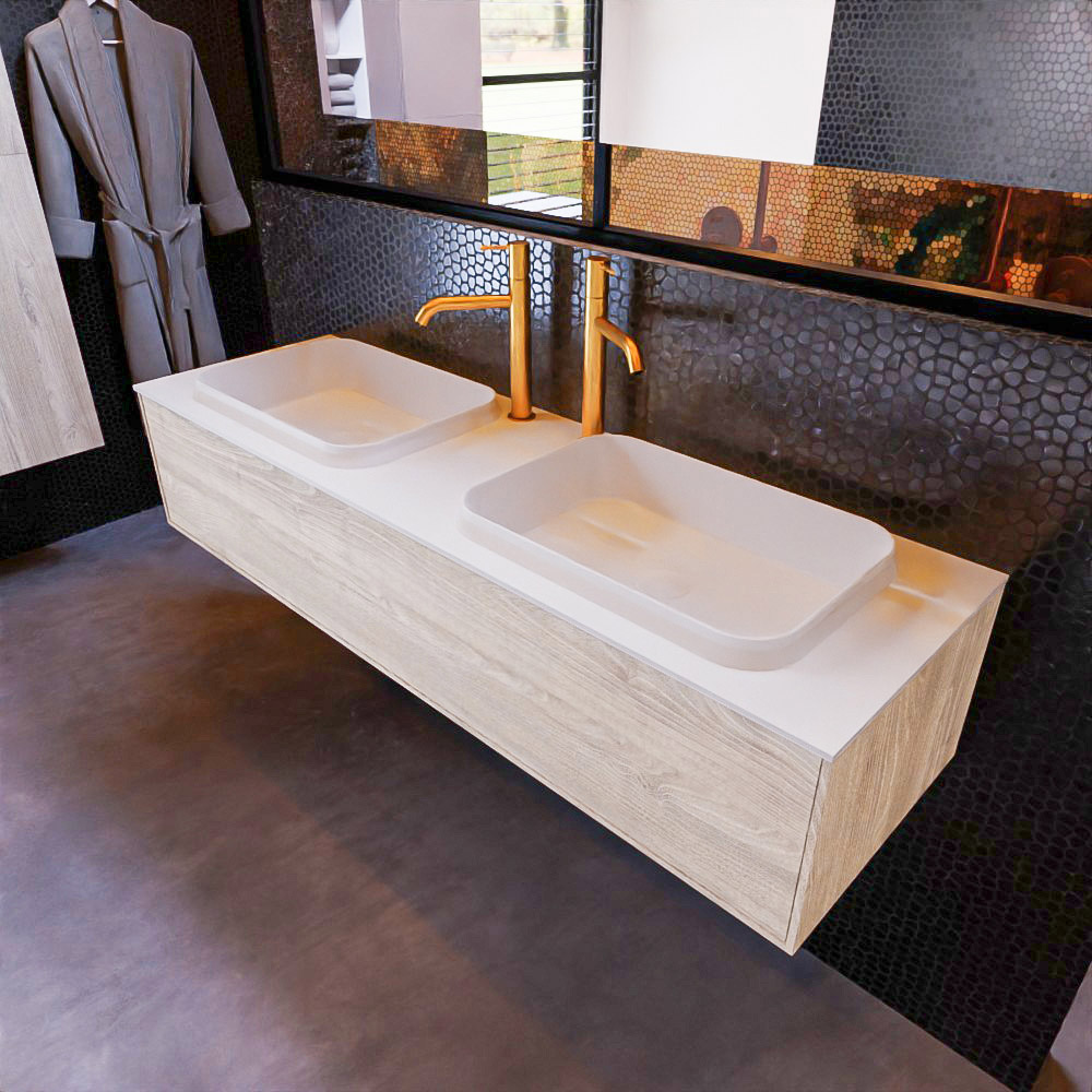 MONDIAZ ERIN 150cm mueble de baño color Light Brown Grey 1 cajón. Lavabo RIDGE Doble 2 orificios color Talc. 1 MONDIAZ ERIN 150cm mueble de baño color Light Brown Grey 1 cajón. Lavabo RIDGE Doble 2 orificios color Talc.