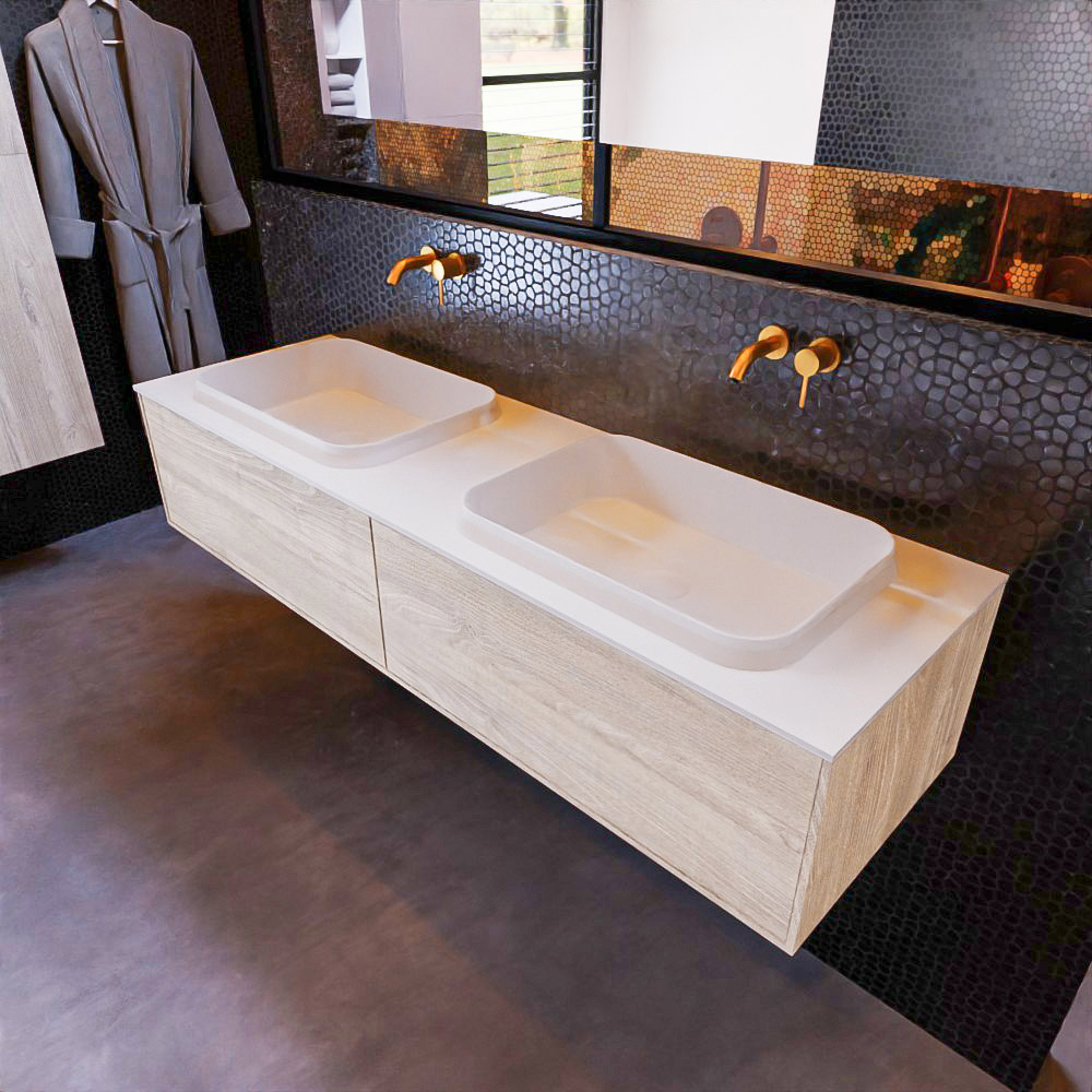 MONDIAZ ERIN 150cm mueble de baño color Light Brown Grey 2 cajones. Lavabo RIDGE Doble sin orificio color Talc. 1 MONDIAZ ERIN 150cm mueble de baño color Light Brown Grey 2 cajones. Lavabo RIDGE Doble sin orificio color Talc.