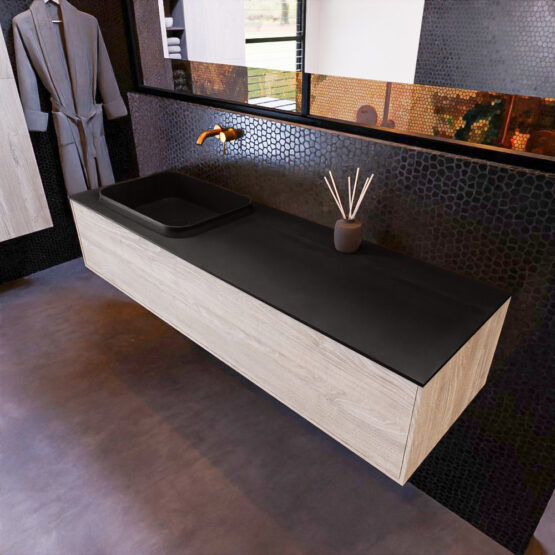 MONDIAZ ERIN 150cm mueble de baño color Light Brown Grey 1 cajón. Lavabo RIDGE Izquierda sin orificio color Urban.