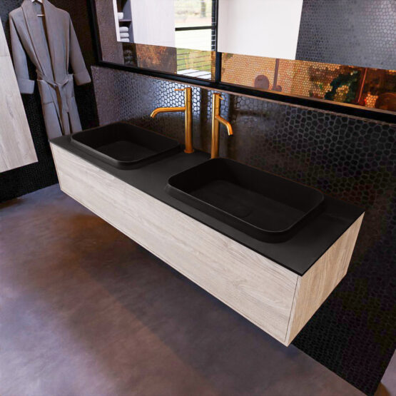 MONDIAZ ERIN 150cm mueble de baño color Light Brown Grey 1 cajón. Lavabo RIDGE Doble 2 orificios color Urban.