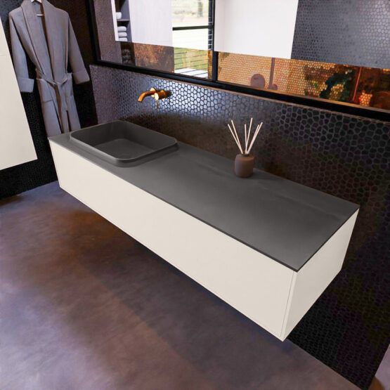 MONDIAZ ERIN 150cm mueble de baño color Linen 1 cajón. Lavabo RIDGE Izquierda sin orificio color Dark Grey.