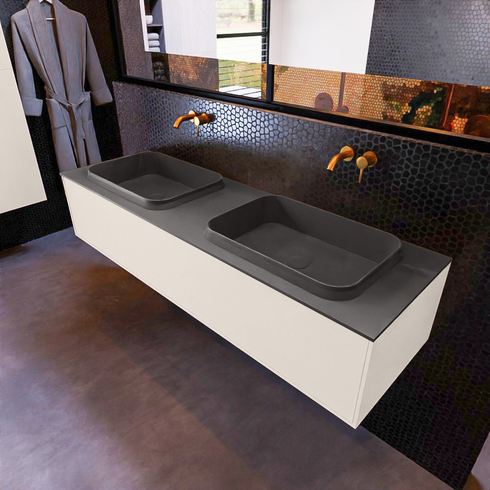 MONDIAZ ERIN 150cm mueble de baño color Linen 1 cajón. Lavabo RIDGE Doble sin orificio color Dark Grey. 1 MONDIAZ ERIN 150cm mueble de baño color Linen 1 cajón. Lavabo RIDGE Doble sin orificio color Dark Grey.