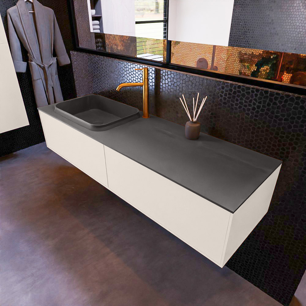 MONDIAZ ERIN 150cm mueble de baño color Linen 2 cajones. Lavabo RIDGE Izquierda 1 orificio color Dark Grey. 1 MONDIAZ ERIN 150cm mueble de baño color Linen 2 cajones. Lavabo RIDGE Izquierda 1 orificio color Dark Grey.
