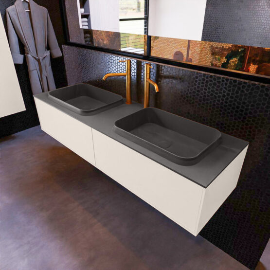 MONDIAZ ERIN 150cm mueble de baño color Linen 2 cajones. Lavabo RIDGE Doble 2 orificios color Dark Grey.