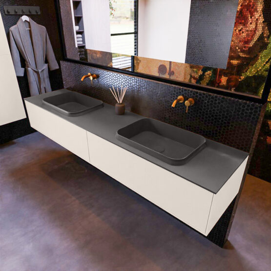 MONDIAZ ERIN 200cm mueble de baño color Linen 2 cajones. Lavabo RIDGE Doble sin orificio color Dark Grey.