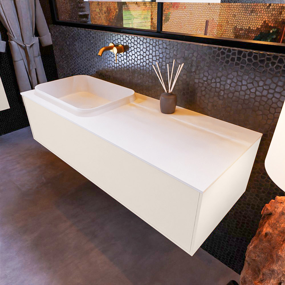 MONDIAZ ERIN 120cm mueble de baño color Linen 1 cajón. Lavabo RIDGE Izquierda sin orificio color Talc. 1 MONDIAZ ERIN 120cm mueble de baño color Linen 1 cajón. Lavabo RIDGE Izquierda sin orificio color Talc.