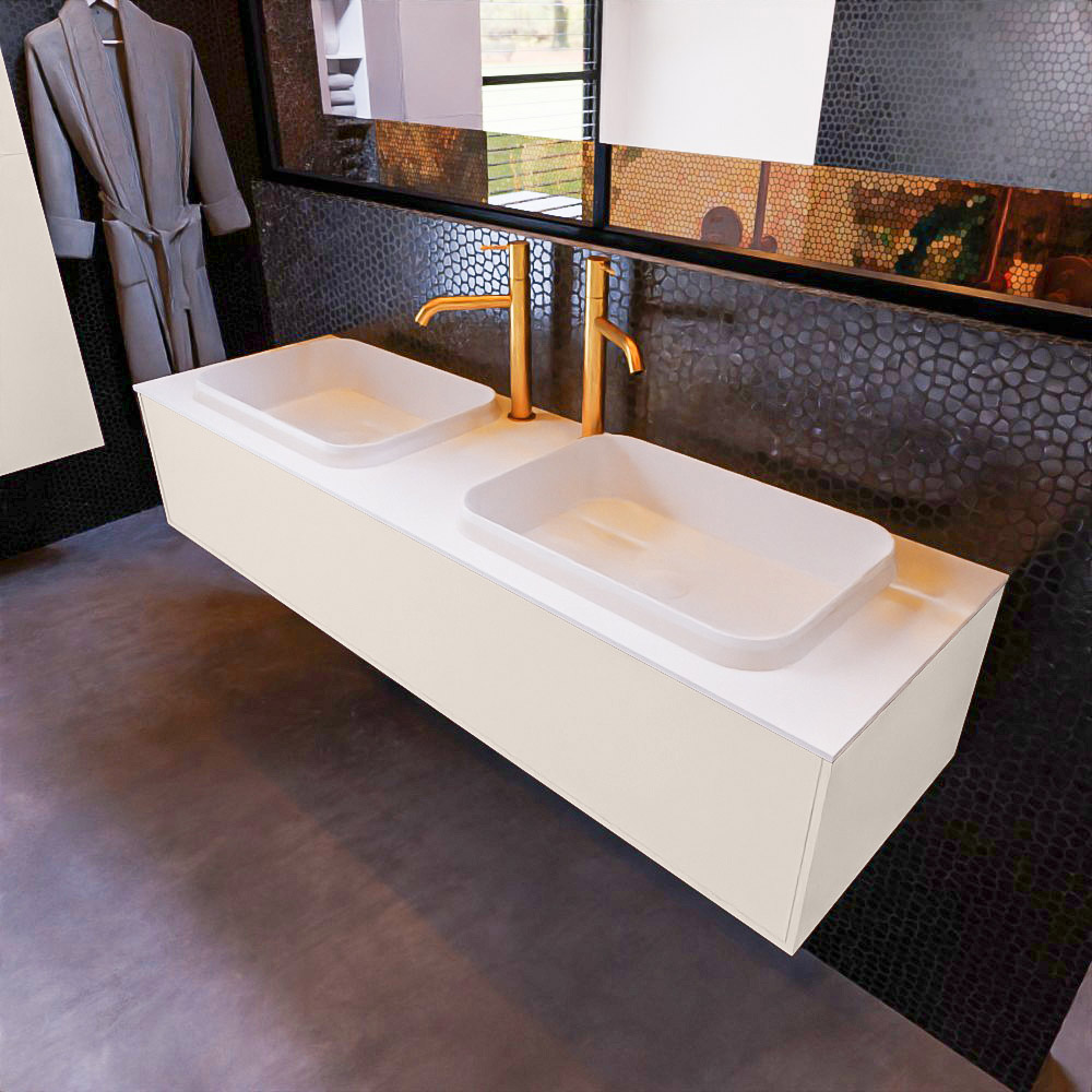 MONDIAZ ERIN 150cm mueble de baño color Linen 1 cajón. Lavabo RIDGE Doble 2 orificios color Talc. 1 MONDIAZ ERIN 150cm mueble de baño color Linen 1 cajón. Lavabo RIDGE Doble 2 orificios color Talc.