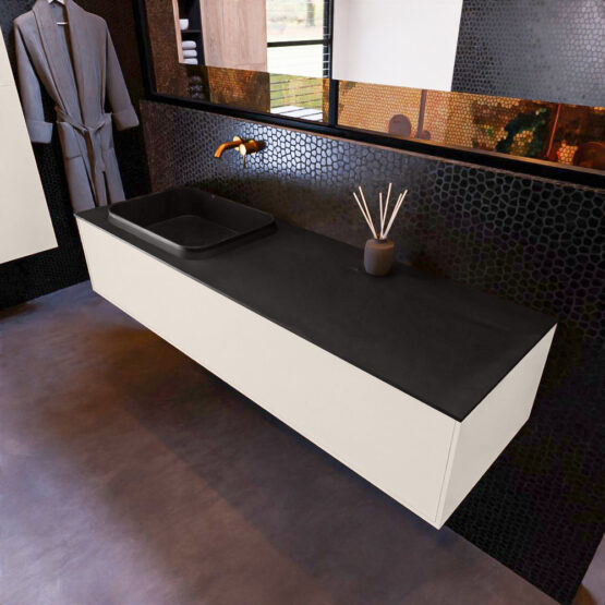 MONDIAZ ERIN 150cm mueble de baño color Linen 1 cajón. Lavabo RIDGE Izquierda sin orificio color Urban.