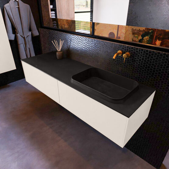 MONDIAZ ERIN 150cm mueble de baño color Linen 2 cajones. Lavabo RIDGE Derecho sin orificio color Urban.